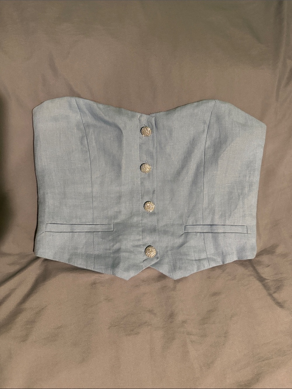 Olivaceous Powder Blue Strapless Corset Top with Rhinestone Buttons
